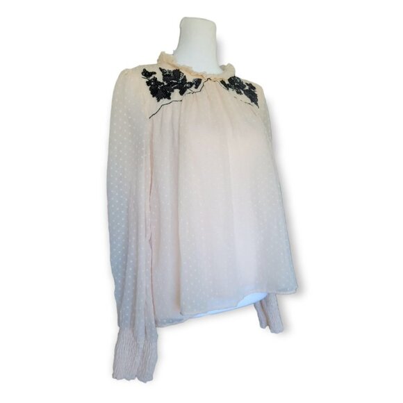 𝅺ZARA Swiss‎ Dot Sheer Sleeved Beaded Neckline Blouse Light Pink Medium - Picture 2 of 11